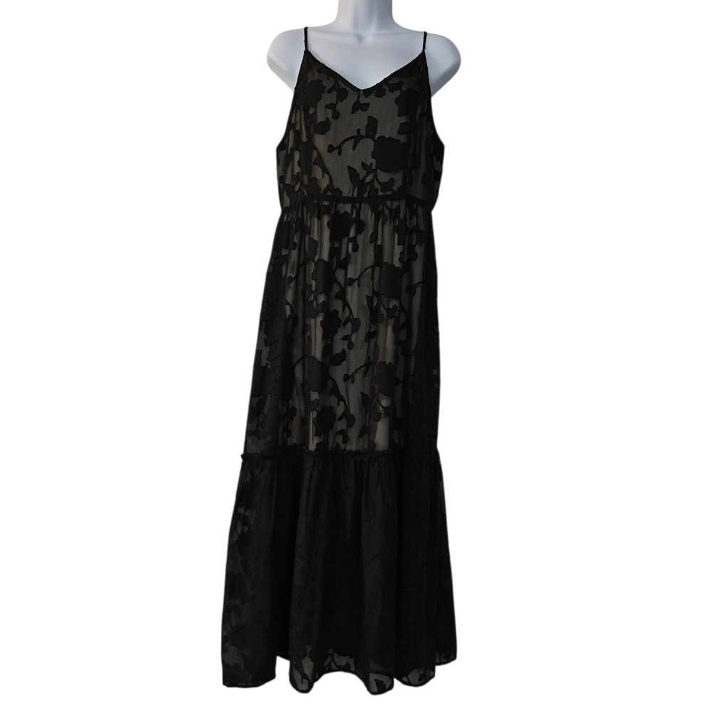 Cory Co By Cozy Casual Maxi Lace Dress‎ Womens Black L Floral Lined Boho Ruffled